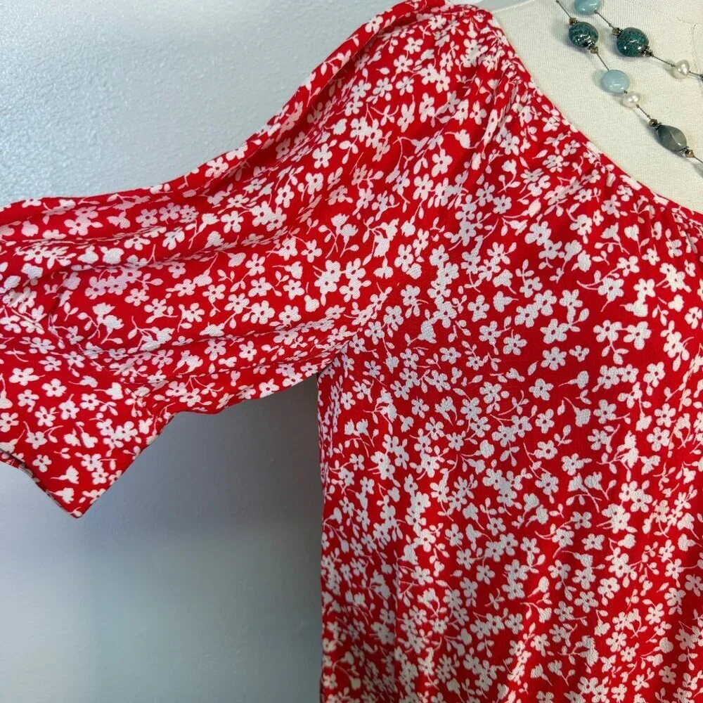 J.Crew Womens Red Floral Print Blouse XS Relaxed Fit Flowy Lightweight